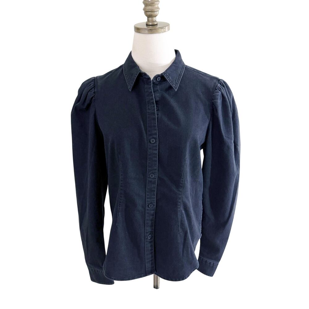 NWT Express Charcoal Gray Denim Button Down Shirt Women's Sz Medium Puff Sleeve